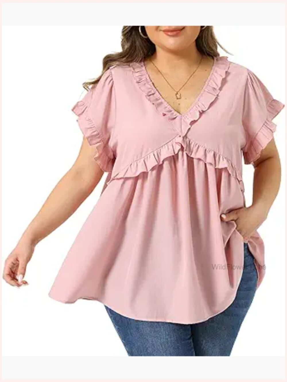 Plus Size Babydoll Top V-Neck Short Sleeve Ruffle Trim Blouse